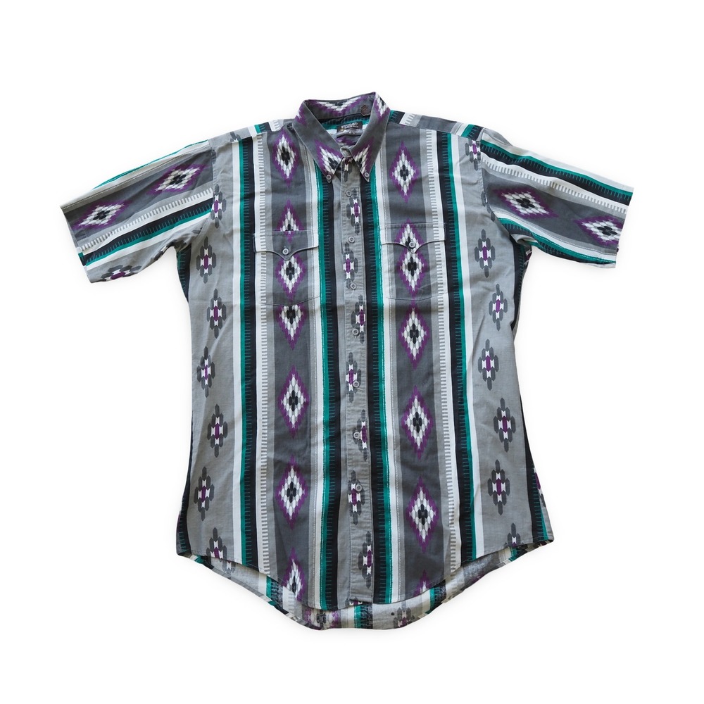 Outlaw Western Wear Mens XLT Southwestern Aztec Button Up Shirt Gray Purple Teal